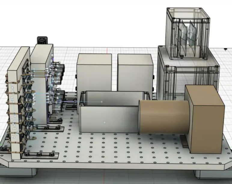 CAD render of the payload from the opposite side, showing the HDPE plate holding the ibidi microchannels at the left edge, the central controller module, and the camera and macro lens assembly aimed at the channels.