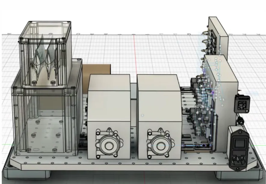 CAD render of the CLOT-LESS payload in side view, showing the two peristaltic pumps mounted centrally on the aluminium baseplate, the IP65 enclosure housing the IV bags above them, and the HDPE plate carrying the microchannels and pinch valves at the right-hand edge.