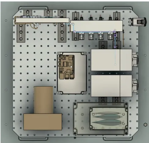 Top-down CAD render of the payload baseplate, showing the perforated aluminium plate with the pinch valve manifold and microchannel holder along the top edge, the Raspberry Pi and power electronics in the centre, and the pumps and camera assembly below.
