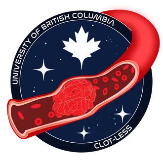 Team CLOT-LESS mission patch: a red blood vessel containing a fibrin clot, crossing a deep navy roundel marked University of British Columbia and CLOT-LESS, with a white maple leaf and stars.
